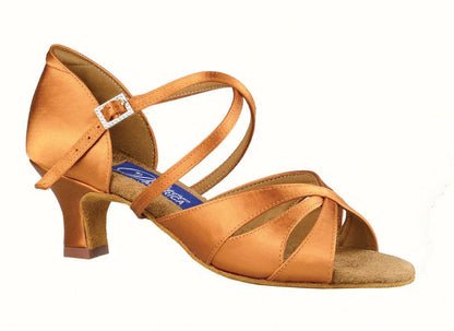 Women's Phoenix shoe in dark tan satin with 2 inch wide heel. Profile view.