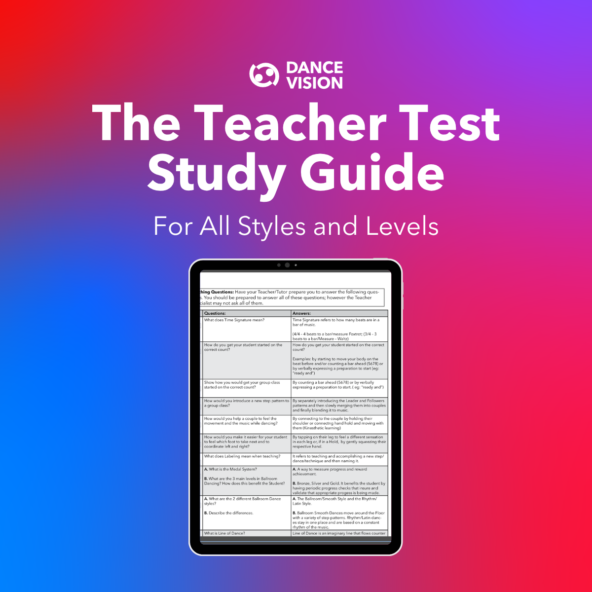 A free study guide for teachers preparing for the Dance Vision Teacher Test Certifications.